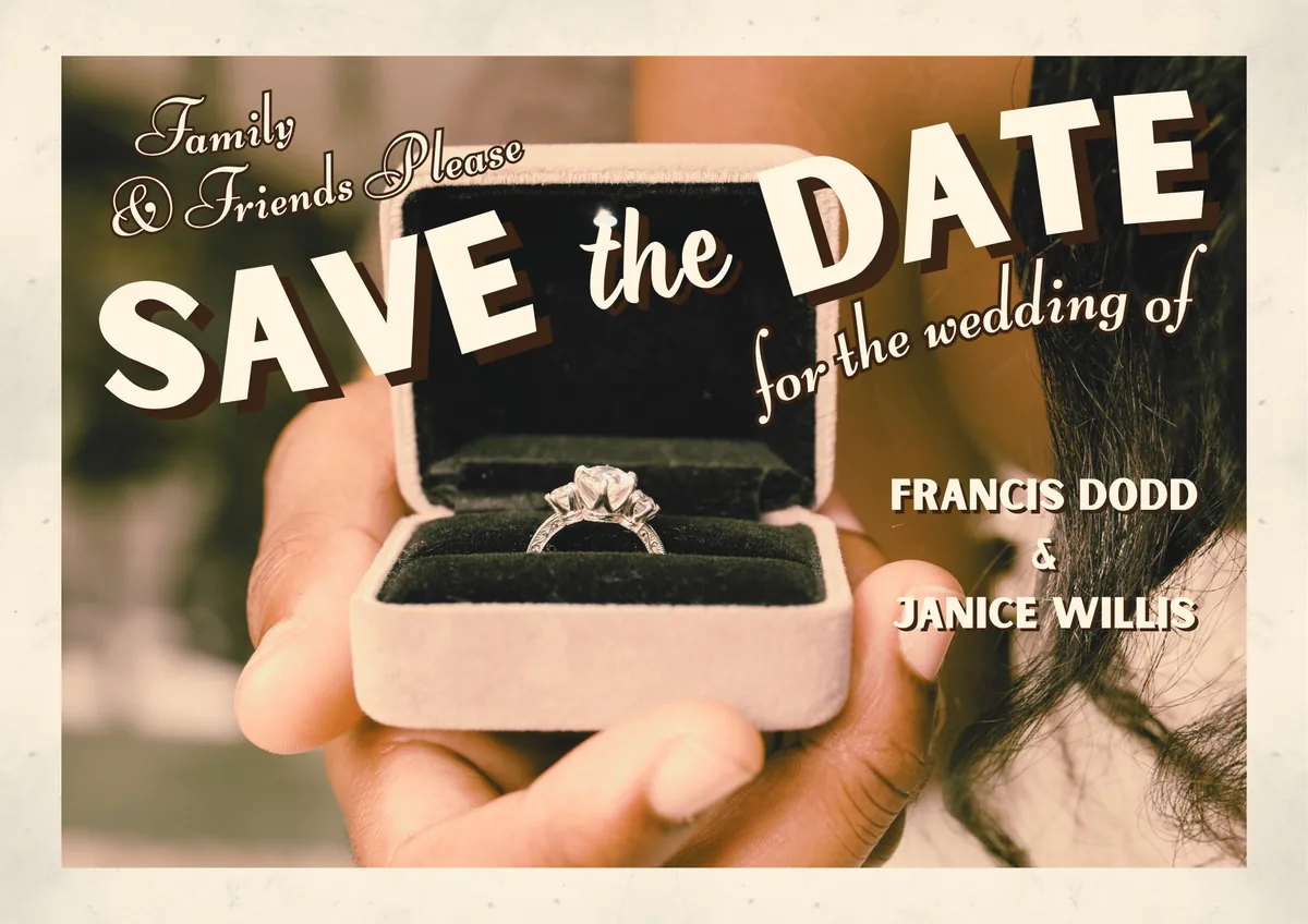 Landscape save-the-date card with warm, faded photography of an engagement ring held in a velvet box, overlaid with large cream lettering reading 'Save the Date for the wedding of' and the couple's names.